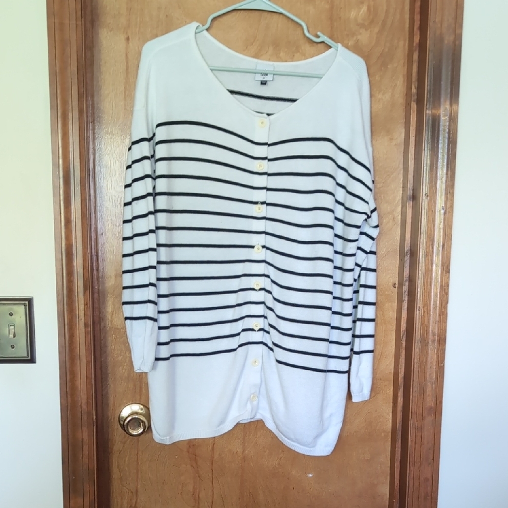 CAbi Black and White Striped Button-Down Sweater